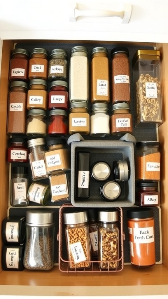 A well-organized spice drawer with labeled jars and baskets for easy access.